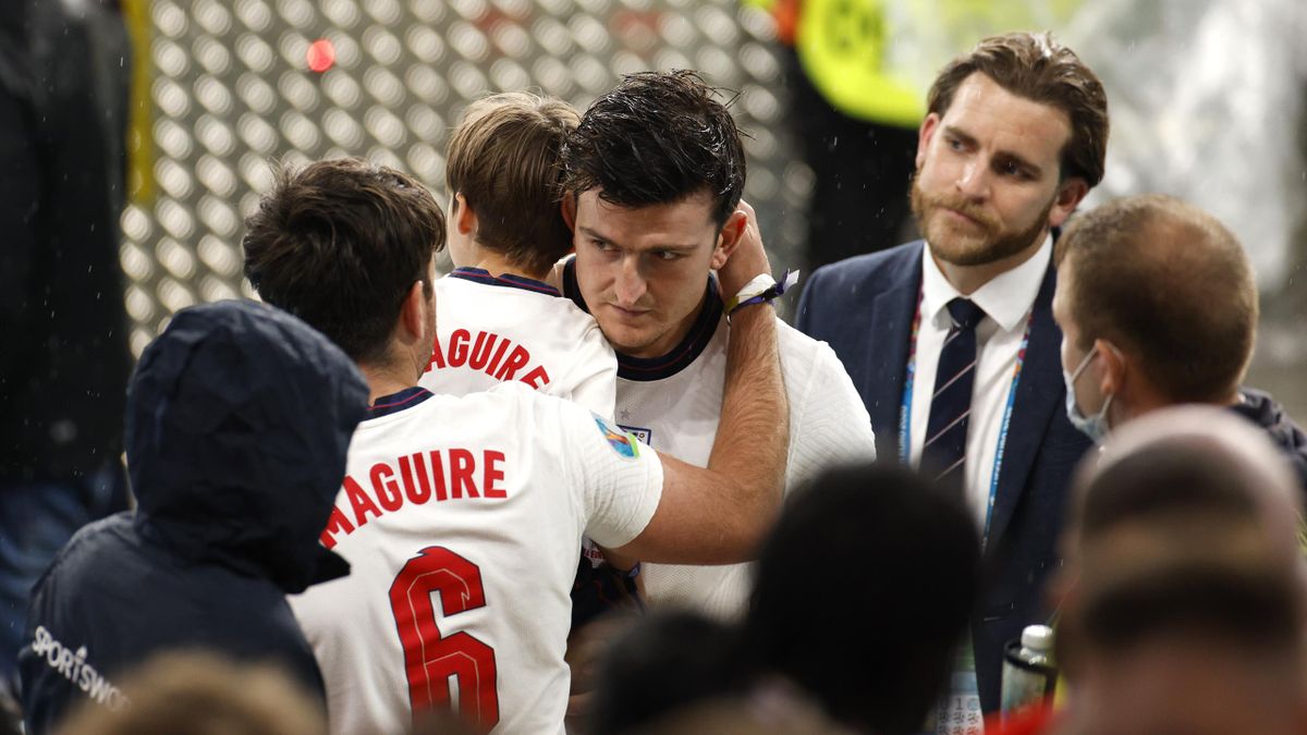 Harry Maguire of England interacts with members of his family after the UEFA Euro 2020 Championship Final between Italy and England