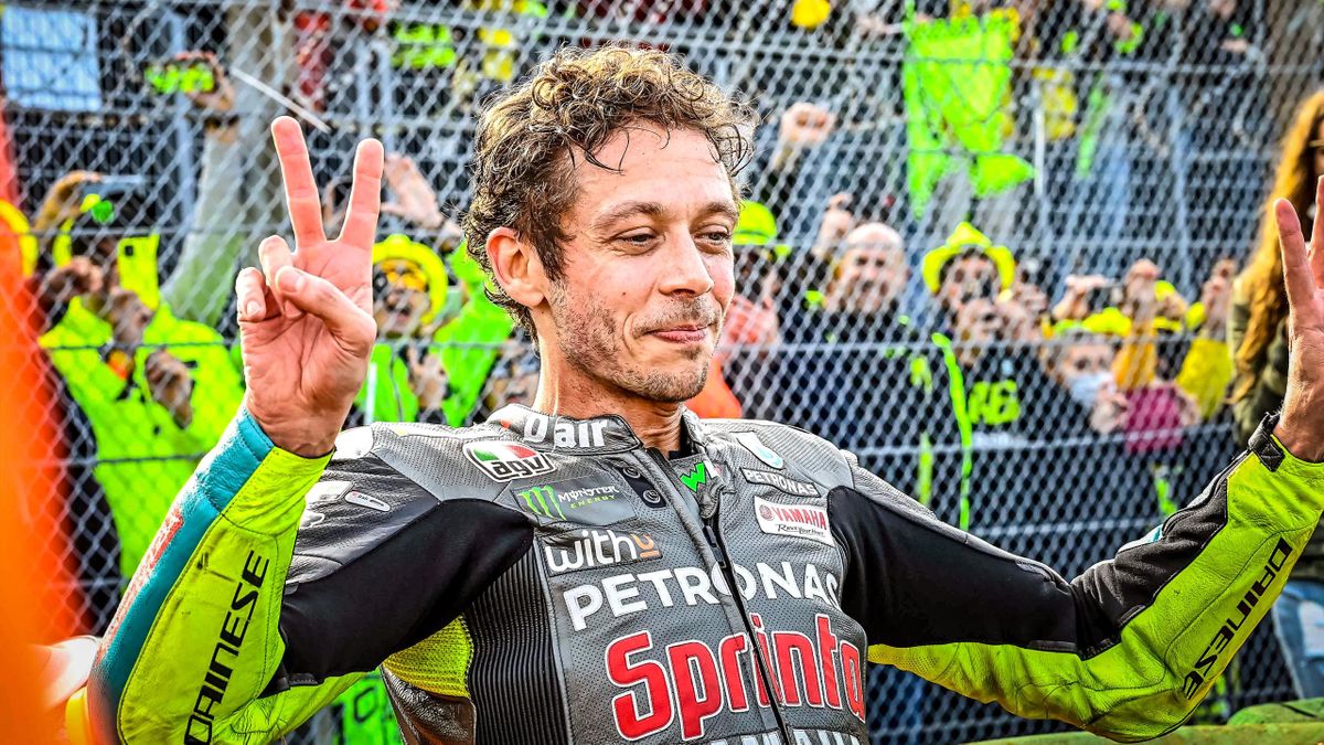 Valentino Rossi of Italy and Petronas Yamaha SRT in front of his fans during the race of the MotoGP Gran Premio Nolan del Made in Italy e dell'Emilia-Romagna at Misano World Circuit on October 24, 2021 in Misano Adriatico, Italy