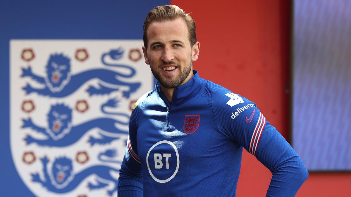 Harry Kane of England looks on as he is interviewed in the Lion's Den at St George's Park on June 30, 2021 in Burton upon Trent, England