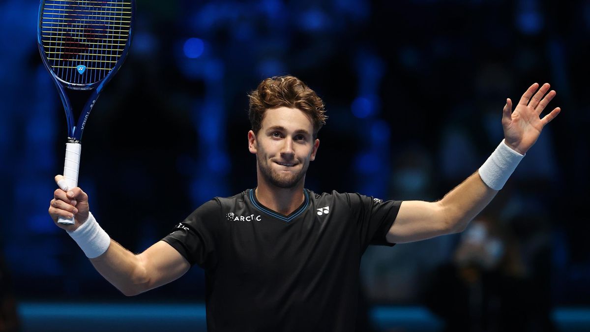 TURIN, ITALY - NOVEMBER 17: Casper Ruud of Norway celebrates victory during his mens singles Round Robin match against Cameron Norrie of Great Britain during Day Four of the Nitto ATP World Tour Finals at Pala Alpitour on November 17, 2021 in Turin, . (Ph