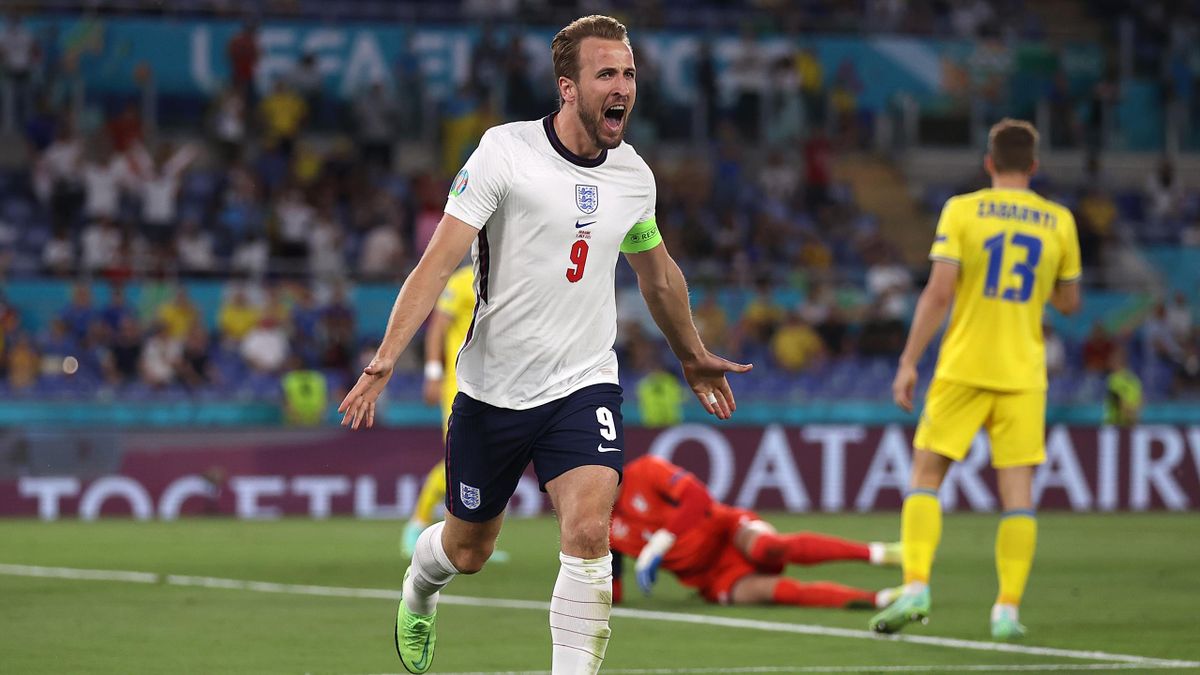 Harry Kane of England celebrates after scoring their side's first goal during the UEFA Euro 2020 Championship Quarter-final match between Ukraine and England at Olimpico Stadium on July 03, 2021 in Rome, Italy.