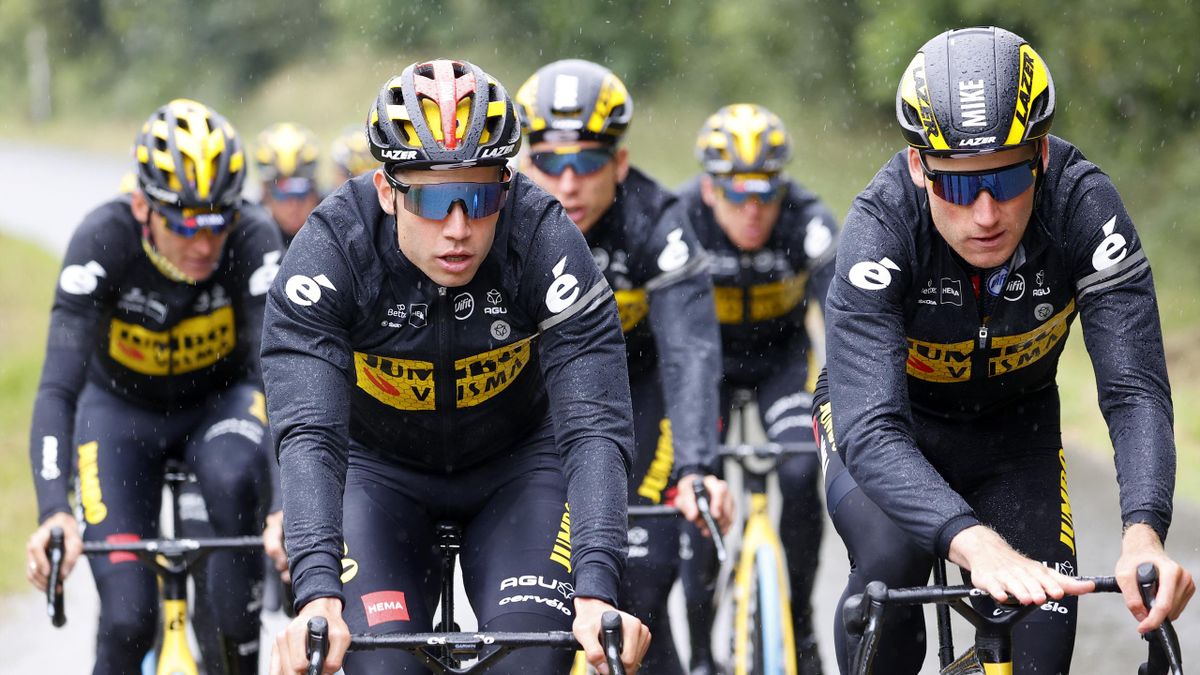 Team Jumbo Visma's riders attend a training session a day ahead of the first stage of the 108th edition of the Tour de France cycling race, near Brest on June 25, 2021.