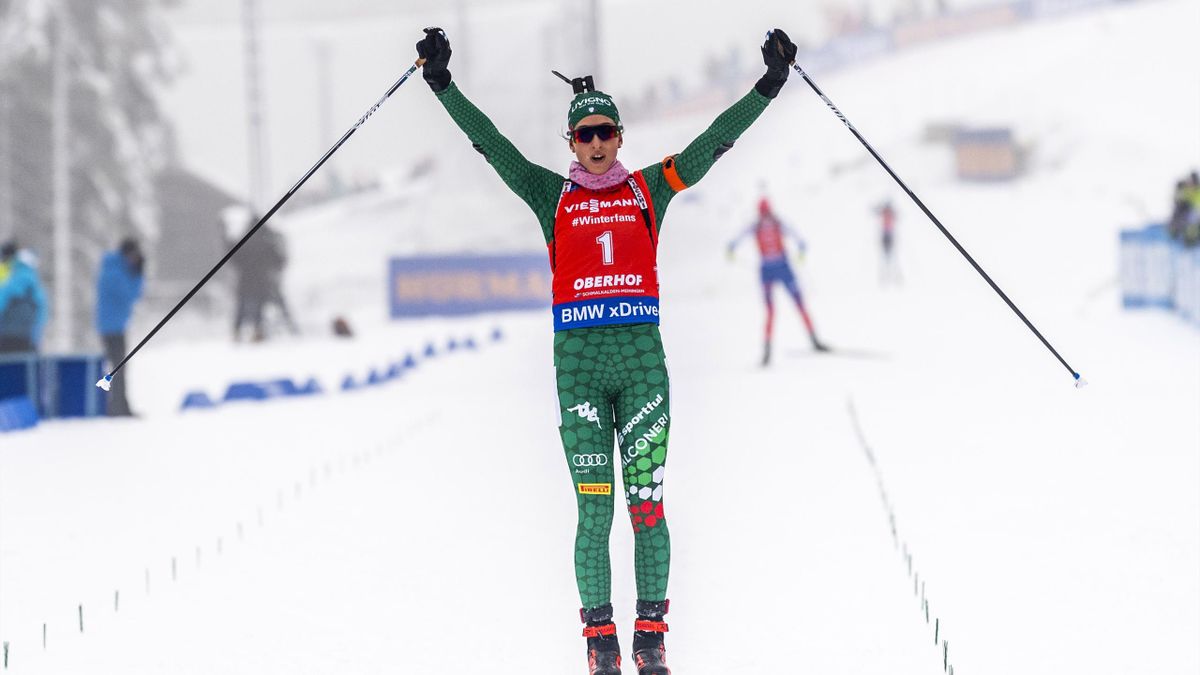 Lisa Vittozzi of Italy reacts as she wins the women's 10km pursuit event at the IBU Biathlon World Cup on January 12, 2019 in Oberhof, eastern Germany. (Photo by ROBERT MICHAEL / AFP) (Photo credit should read ROBERT MICHAEL/AFP/Getty Images)