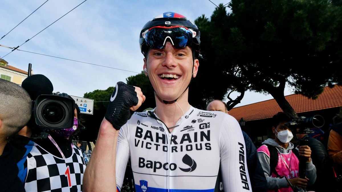 Matej Mohoric of Slovenia and Team Bahrain Victorious celebrates winning during the 113th Milano-Sanremo 2022 a 293km one day race from Milano to Sanremo