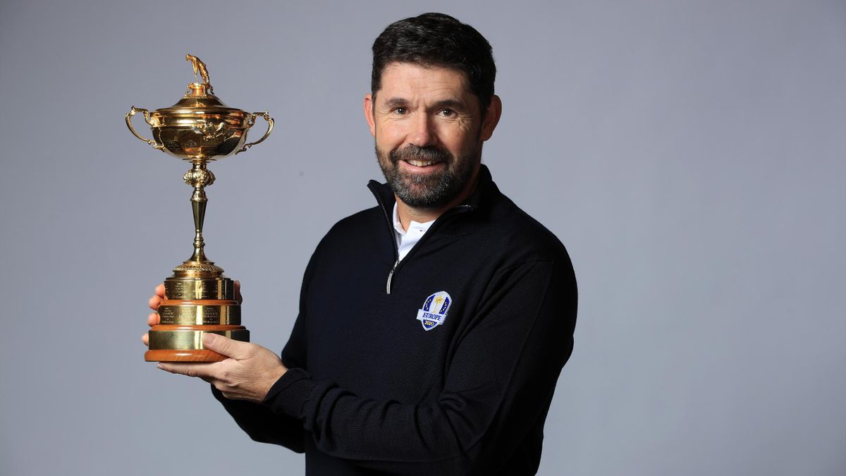 Padraig Harrington of the Republic of Ireland poses with the Ryder Cup trophy as he is announced as the European Ryder Cup Captain for 2020 during the European Ryder Cup Captain Photo Session at Coworth Park.