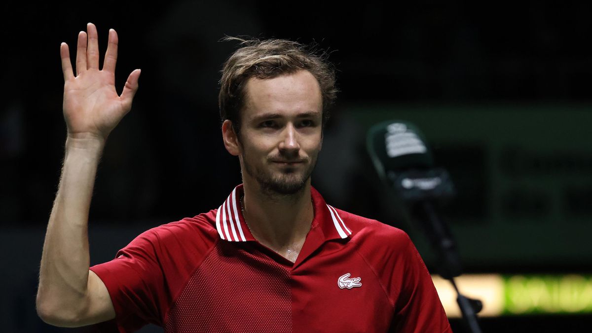 Daniil Medvedev of Russian Tennis Federation celebrates after defeating Elias Ymer (not seen) of Sweden during 2021 Davis Cup Tennis Tournament quarter final match, at Madrid Arena