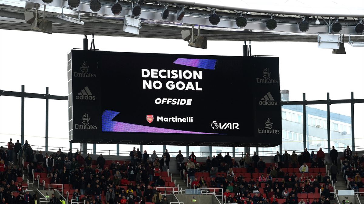 The LED screen shows the VAR decision which ruled out an Arsenal goal for an offside during the Premier League match between Arsenal and Brighton at Emirates Stadium on April 09, 2022 in London, England