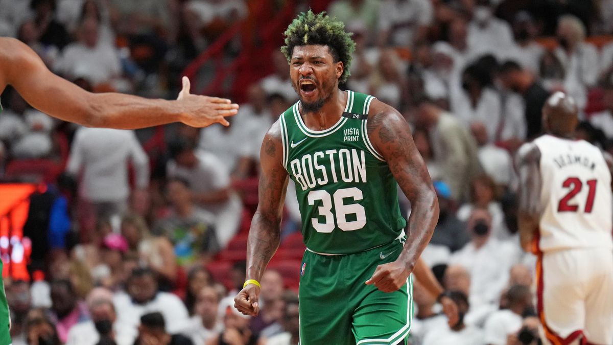 MIAMI, FL - MAY 19: Marcus Smart #36 of the Boston Celtics reacts during Game 2 of the 2022 NBA Playoffs Eastern Conference Finals on May 19, 2022 at The FTX Arena in Miami, Florida. NOTE TO USER: User expressly acknowledges and agrees that, by downloadin