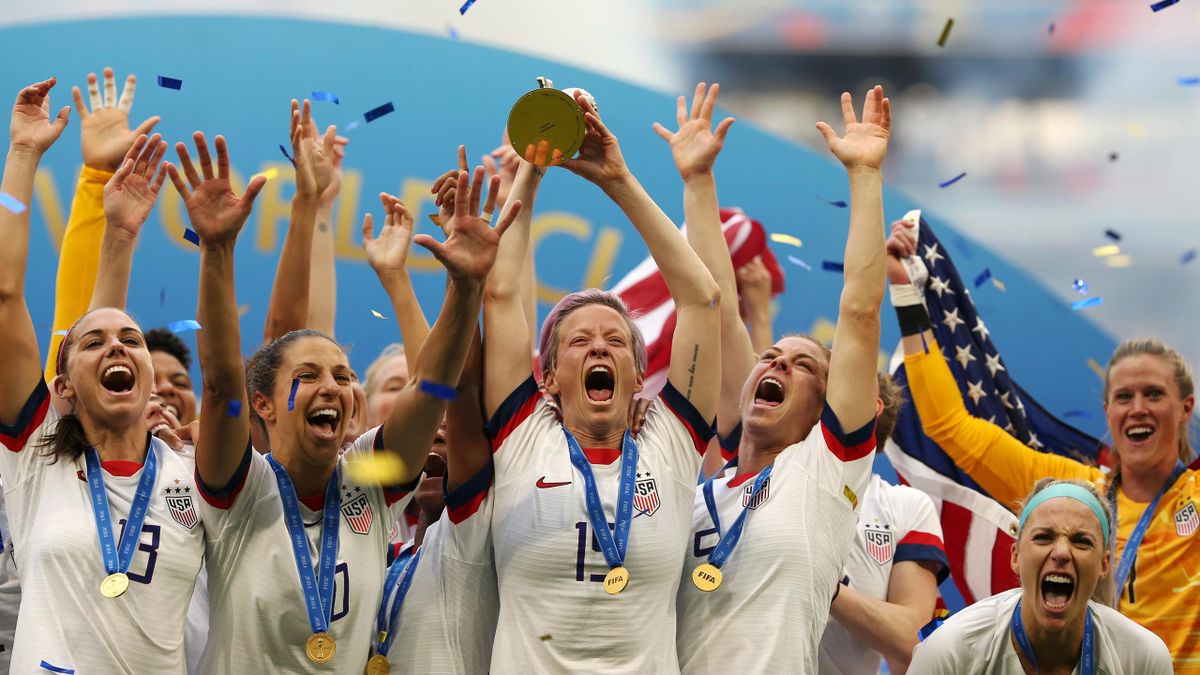 The United States celebrate with the Women's World Cup trophy