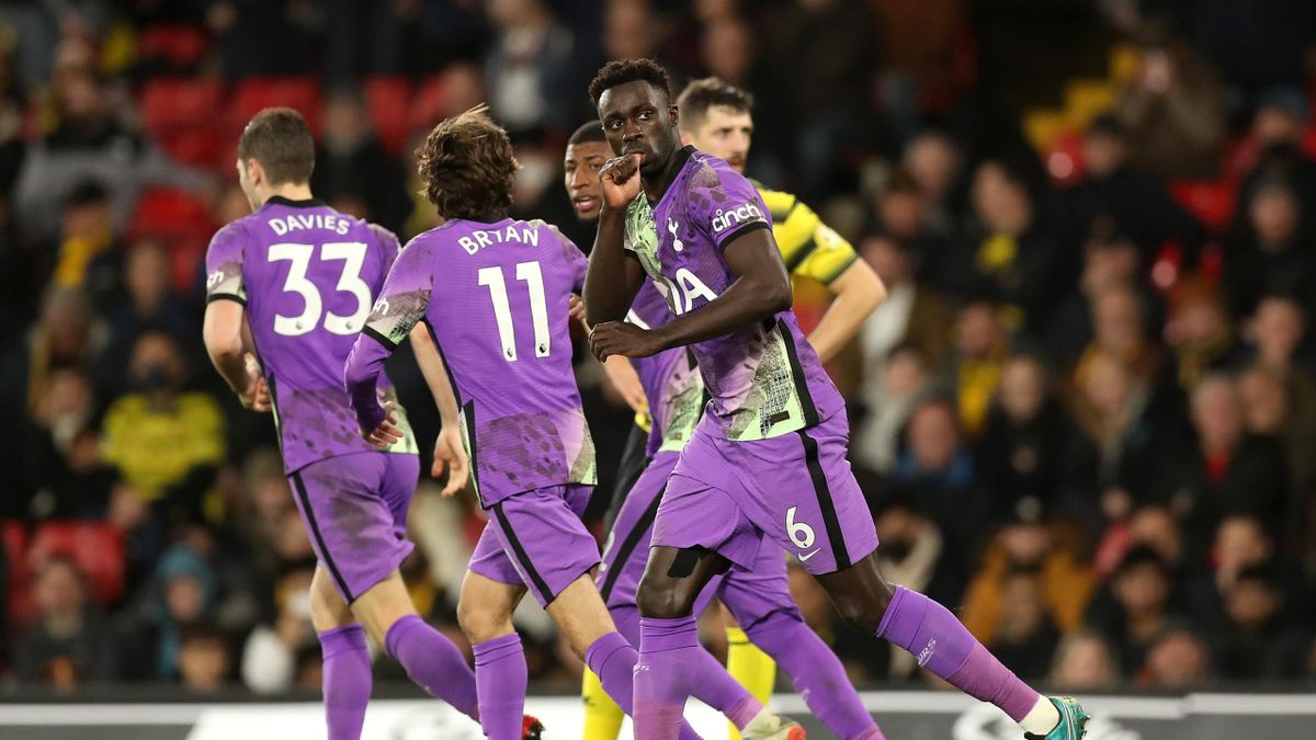 Davinson Sanchez of Tottenham Hotspur celebrates after scoring their side's first goal during the Premier League match between Watford and Tottenham Hotspur at Vicarage Road