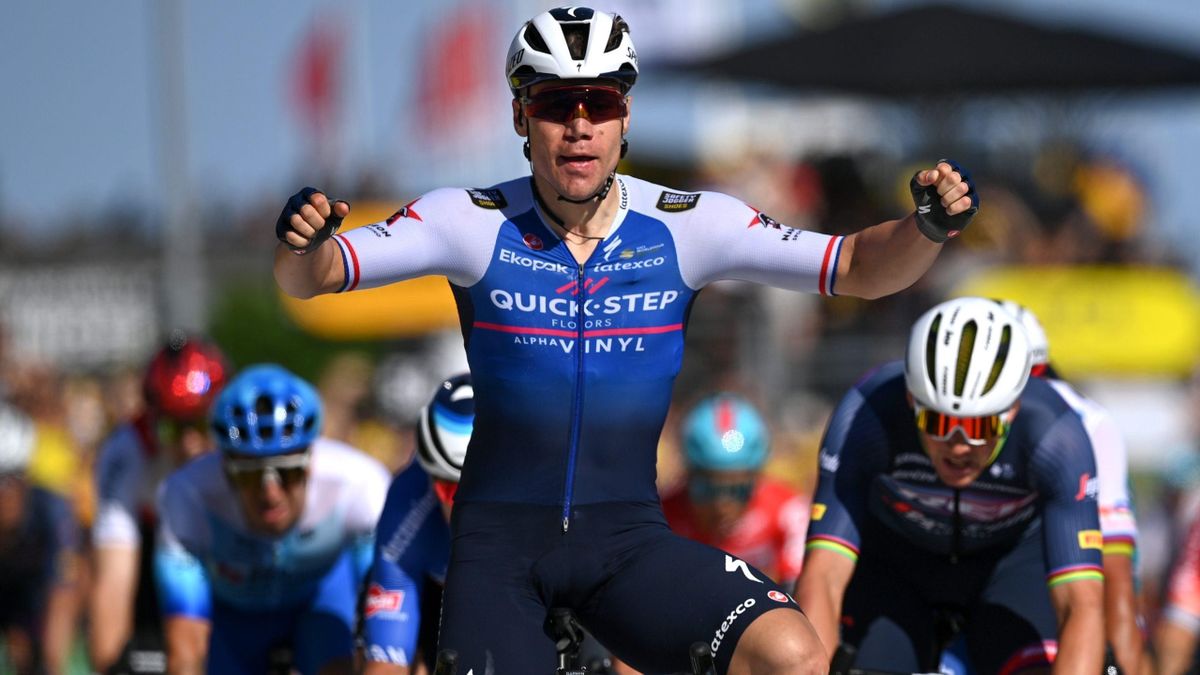Fabio Jakobsen of Netherlands and Quick-Step - Alpha Vinyl Team celebrates at finish line as stage winner during the 109th Tour de France 2022, Stage 2 a 202,2km stage from Roskilde to Nyborg