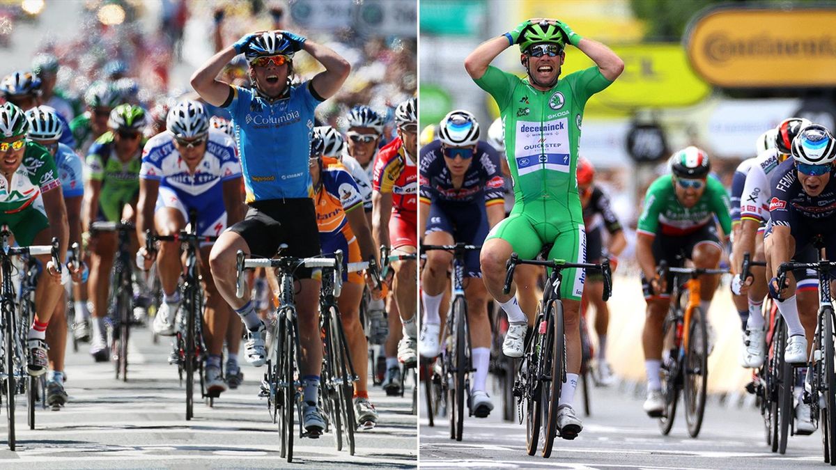 Right, Mark Cavendish celebrates winning Stage 6 of the Tour de France in Chateauroux and, left, winning in the same city 13 years earlier