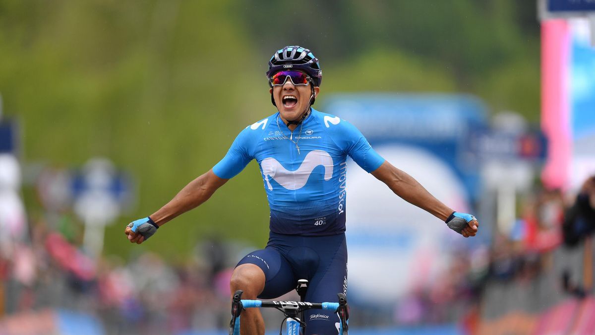 COURMAYEUR, ITALY - MAY 25: Arrival / Richard Carapaz of Ecuador and Movistar Team / Celebration / during the 102nd Giro d'Italia 2019, Stage 14 a 131km stage from Saint Vincent to Courmayeur (Skyway Monte Bianco) 1293m / Tour of Italy / #Giro / @girodita