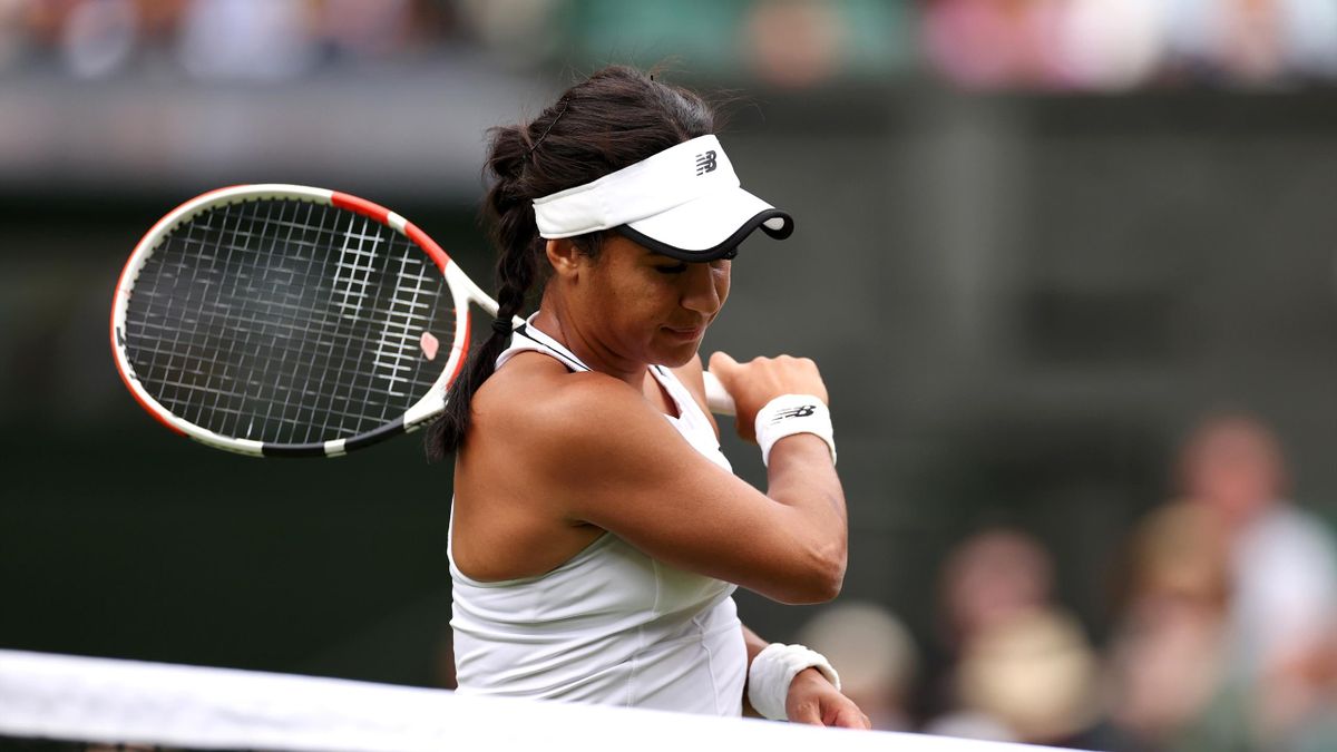 Heather Watson  reacts on day seven of The Championships Wimbledon 2022 at All England Lawn Tennis and Croquet Club on July 03, 2022 in London, England