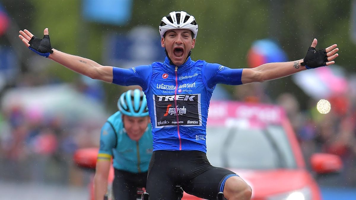 LOVERE, ITALY - MAY 28: Arrival / Giulio Ciccone of Italy and Team Trek - Segafredo Blue Mountain Jersey Celebration / Jan Hirt of Czech Republic and Astana Pro Team / during the 102nd Giro d'Italia 2019, Stage 16 a 194km stage from Lovere to Ponte di Leg