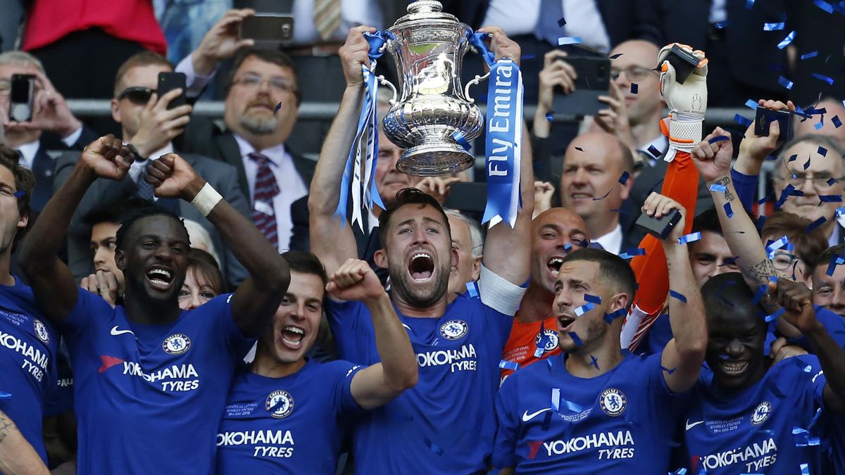Gary Cahill lifts the FA Cup trophy