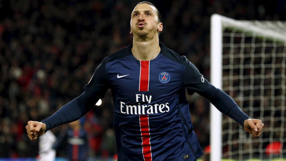 Paris St Germain's Zlatan Ibrahimovic celebrates after scoring a goal