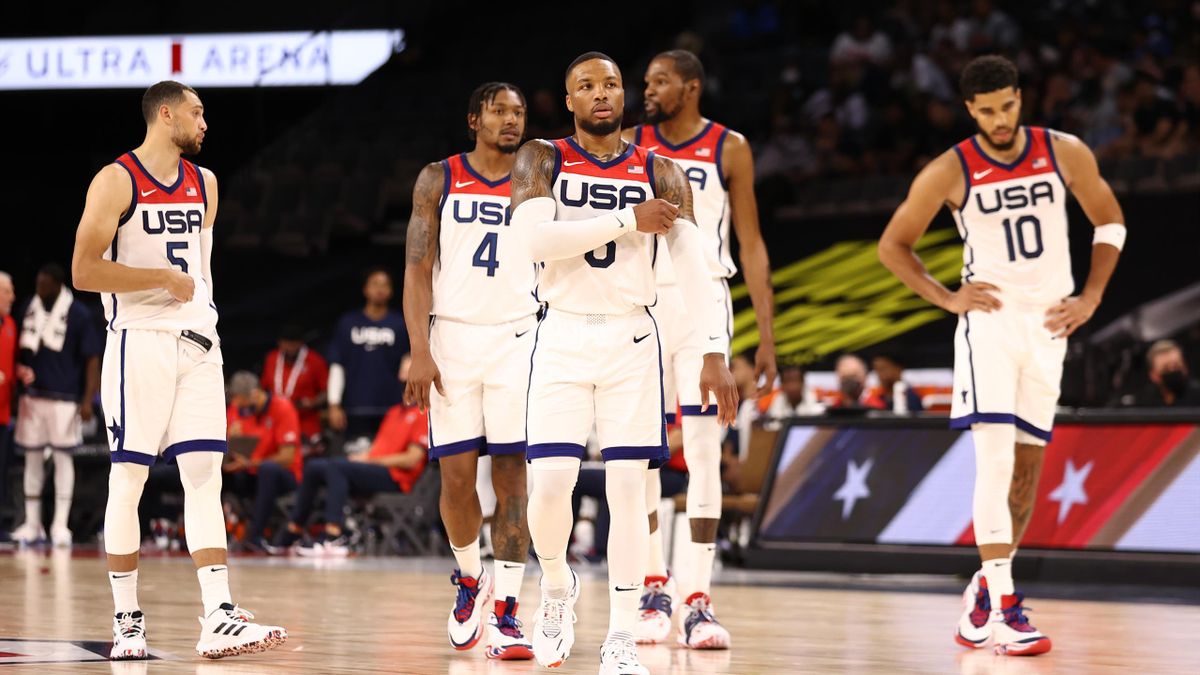 Zach LaVine #5, Bradley Beal #4, Damian Lillard #6, Kevin Durant #7, and Jayson Tatum #10 of the USA Men's National Team look on during the game against the Nigeria Men's National Team on July 10