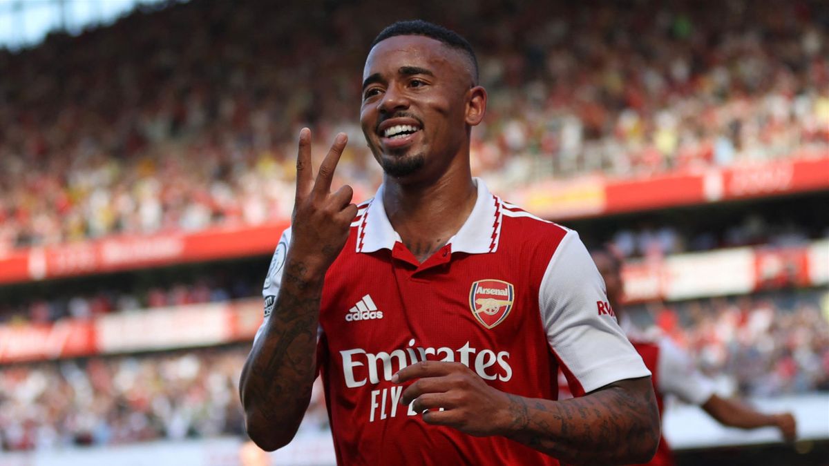 Arsenal's Brazilian striker Gabriel Jesus celebrates after scoring their second goal during the English Premier League football match between Arsenal and Leicester City at the Emirates Stadium in London on August 13, 2022