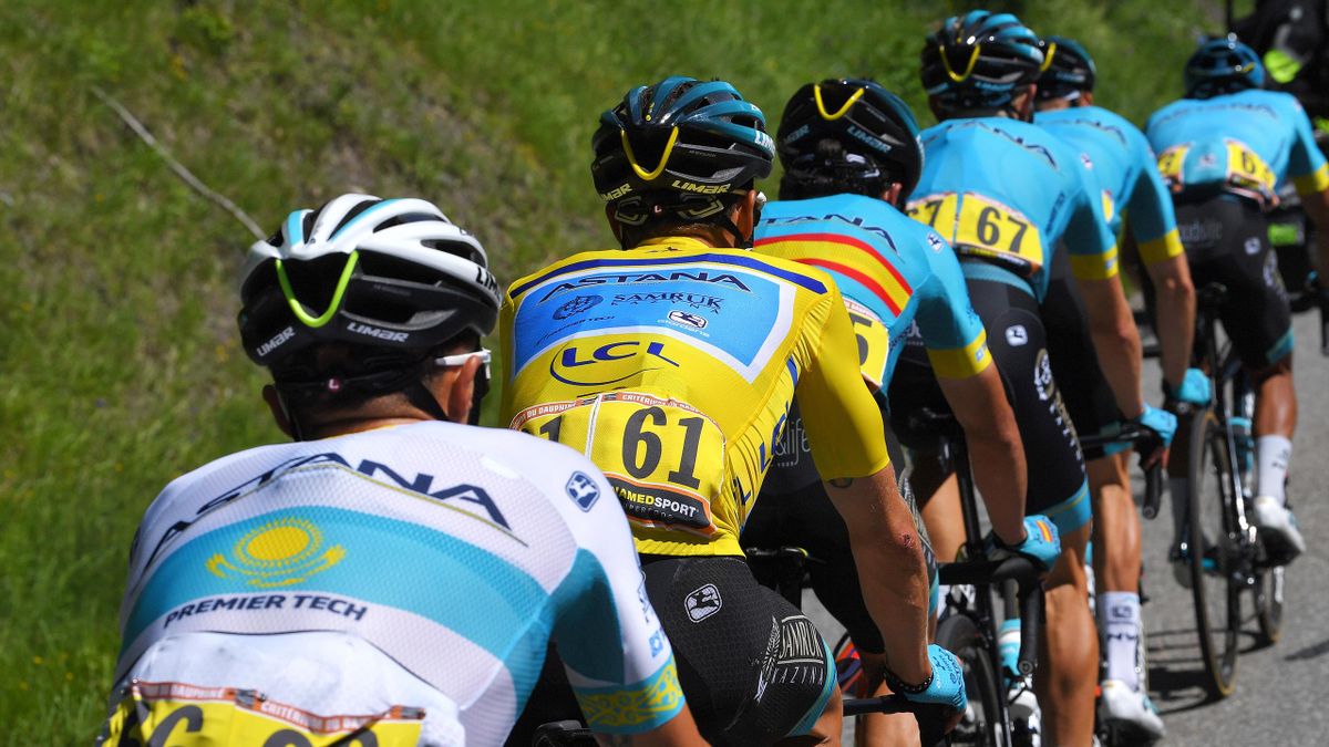 Jakob Fuglsang in yellow for Astana in the 2019 Criterium du Dauphine