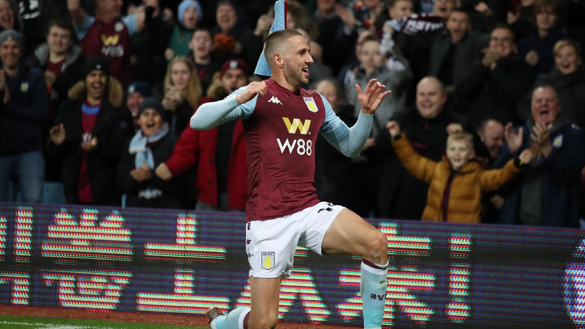 Conor Hourihane of Aston Villa celebrates scoring the opening goal during the Premier League match between Aston Villa and Newcastle United