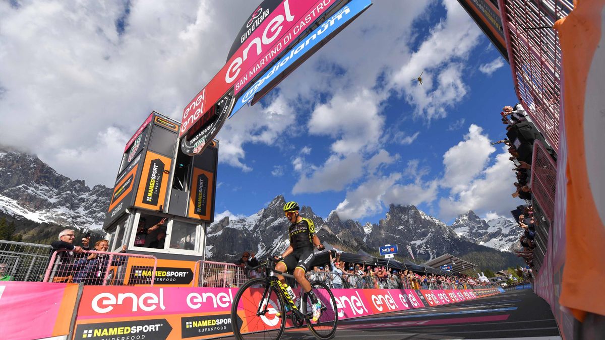 SAN MARTINO DI CASTROZZA, ITALY - MAY 31: Arrival / Johan Esteban Chaves Rubio of Colombia and Team Mitchelton - Scott / Celebration / San Martino di Castrozza ( 1478m)/ Landscape / Mountains / Snow / during the 102nd Giro d'Italia, Stage 19 a 151km from