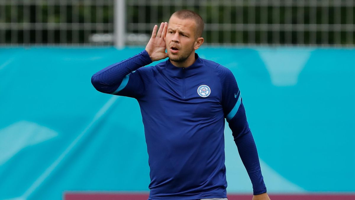 Denis Vavro of Slovakia gestures during a Slovakia national team training session ahead of their UEFA Euro 2020 match against Poland