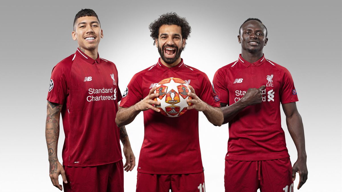 Roberto Firmino, Mohamed Salah and Sadio Mane at Melwood Training Ground on May 14, 2019 in Liverpool, England.