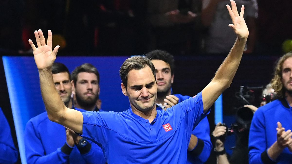 Switzerland's Roger Federer reacts after playing his final game a doubles with Spain's Rafael Nadal of Team Europe in the 2022 Laver Cup at the O2 Arena in London