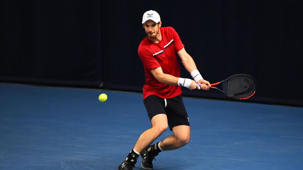 Andy Murray plays a backhand shot during their round robin match against Dan Evans during Day One of the Battle of the Brits Premier League of Tennis at the National Tennis Centre on December 20, 2020 in London, England.