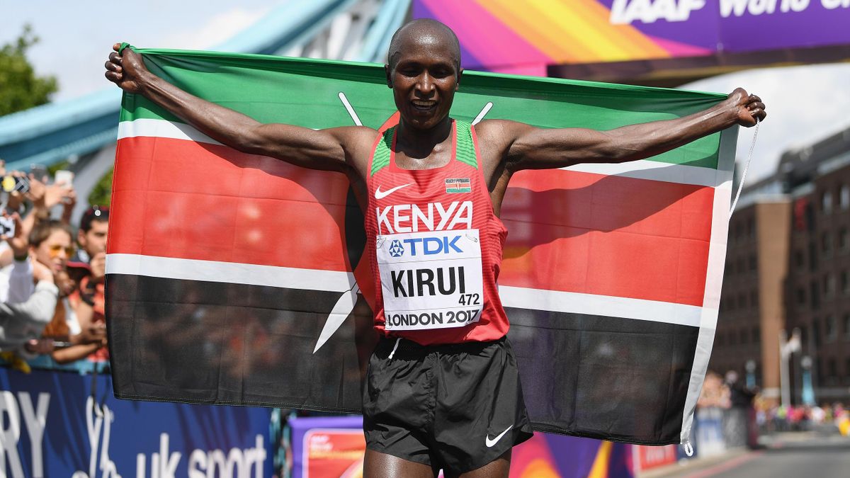 Geoffrey Kipkorir Kirui of Kenya celebrates winning the Men's Marathon during day three of the 16th IAAF World Athletics Championships London 2017.