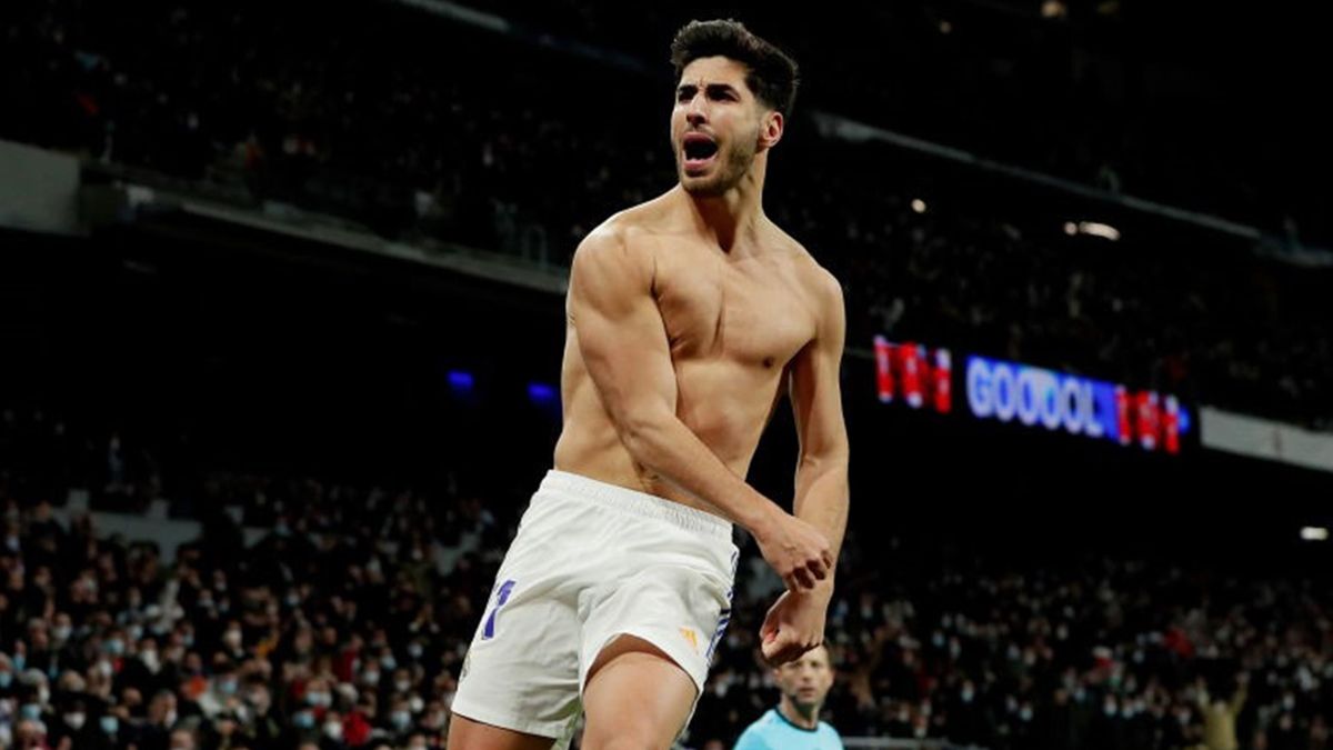 Marco Asensio of Real Madrid celebrates his 1-0 during the La Liga Santander match between Real Madrid v Granada at the Santiago Bernabeu on February 6, 2022 in Madrid
