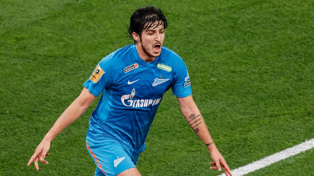 Sardar Azmoun of Zenit celebrates his goal during the Russian Premier League match between FC Zenit Saint Petersburg and PFC CSKA Moscow on August 26, 2021 at Gazprom Arena in Saint Petersburg, Russia
