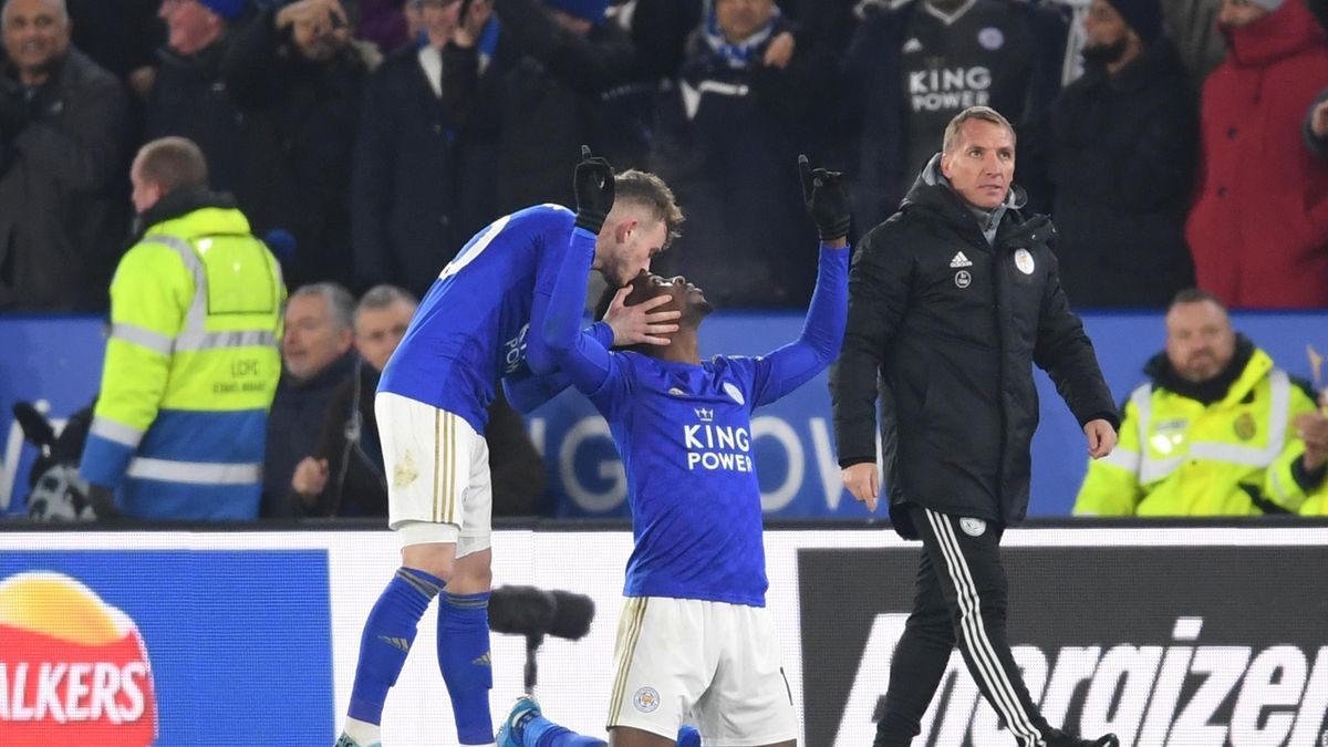 Kelechi Iheanacho of Leicester City celebrates with James Maddison of Leicester City after he scores his sides second goal during the Premier League match between Leicester City and Everton FC at The King Power Stadium on December 01, 2019 in Leicester,
