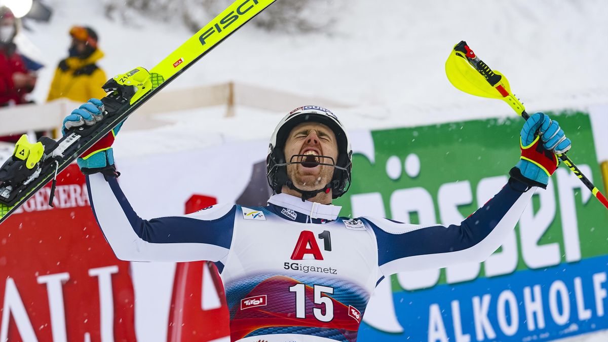 Dave Ryding celebrates wildly after winning the Kitzbuhel slalom