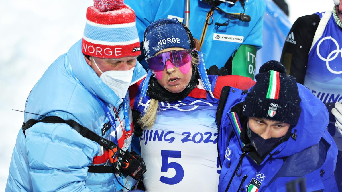Ingrid Landmark Tandrevold was helped off the course after she collapsed on the finish line