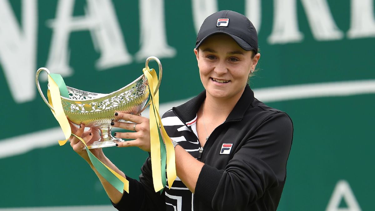 Australia's Ashleigh Barty poses for a photograph with the trophy after her straight sets victory over Germany's Julia Gorges