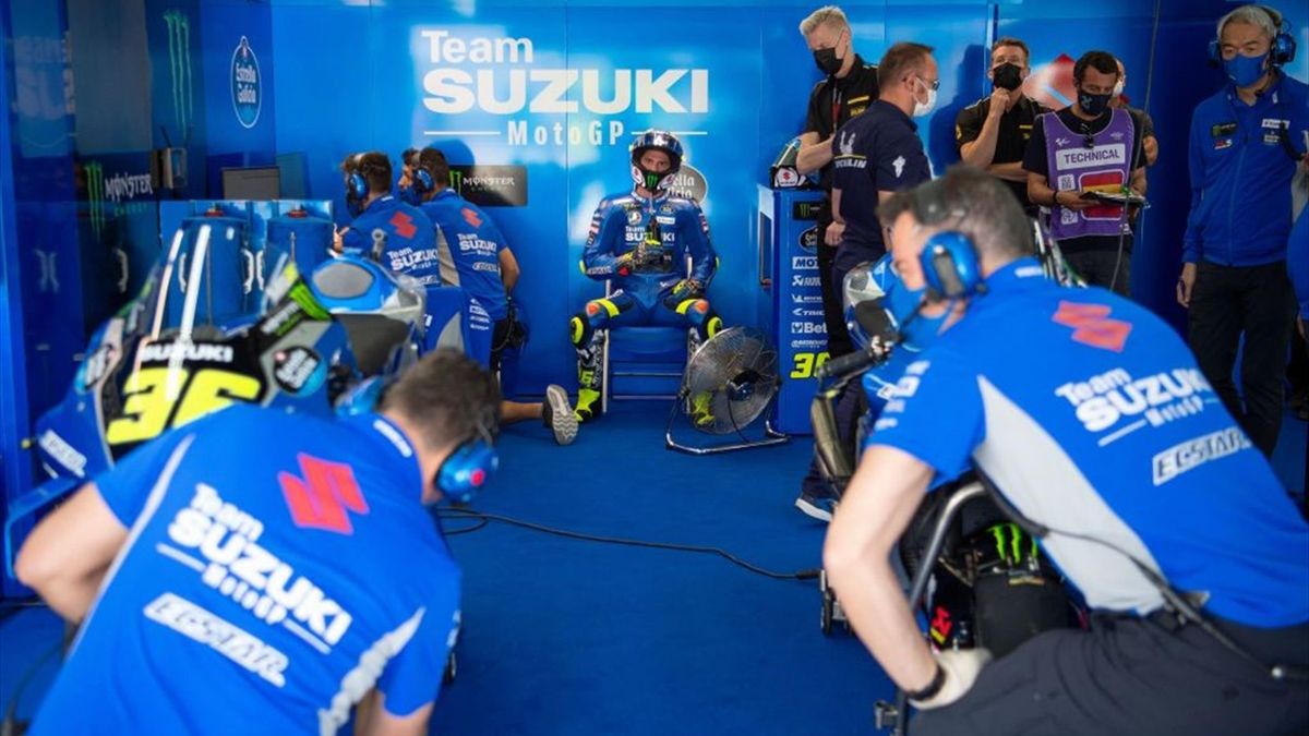 Suzuki Spanish rider Joan Mir sits in his box during the fourth practice session of the MotoGP Spanish Grand Prix at the Jerez racetrack in Jerez de la Frontera on April 30, 2022