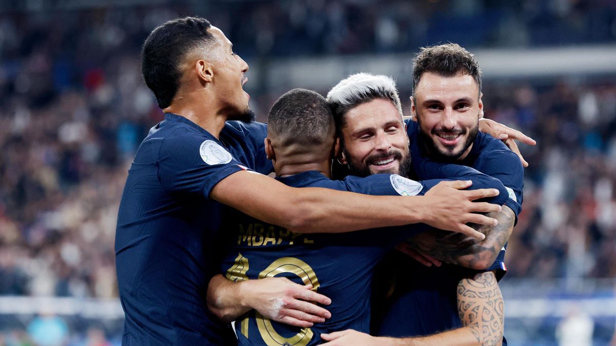 Olivier Giroud celebrates with his teammates after making it 2-0 to France
