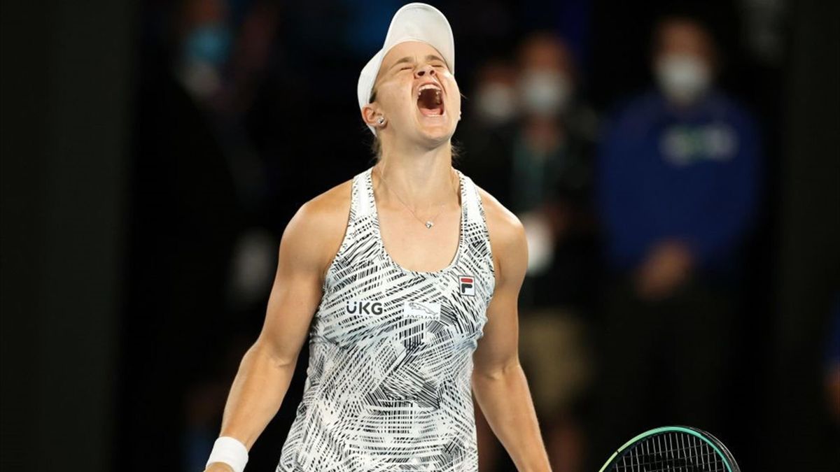 Australia's Ashleigh Barty celebrates after winning womens singles final match against Danielle Collins of the US on day thirteen of the Australian Open tennis tournament in Melbourne on January 29, 2022