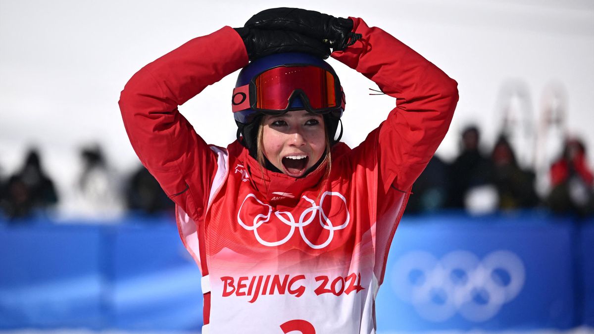China's Gu Ailing Eileen celebrates after competing in the freestyle skiing women's freeski slopestyle final run during the Beijing 2022 Winter Olympic Games