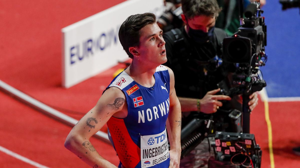 Jakob Ingebrigtsen etter 1500-meteren i Beograd.