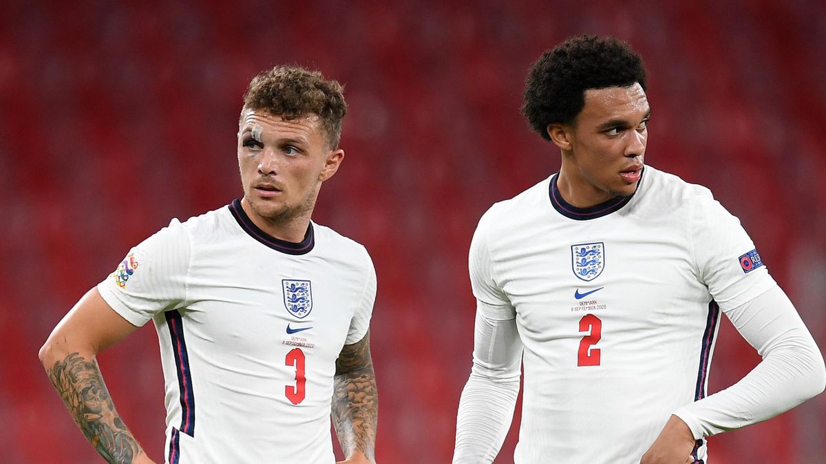 Kieran Trippier and Trent Alexander-Arnold of England look on during the UEFA Nations League group stage match between Denmark and England at Parken Stadium on September 08, 2020 in Copenhagen, Denmark.