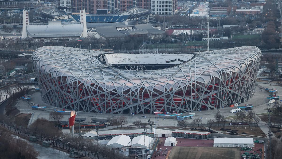 A general view the Birds Nest stadium, the venue for opening and closing ceremonies for the 2022 Winter Olympics at Beijing Olympic Tower on January 16, 2022 in Beijing, China. The Beijing 2022 Winter Olympics