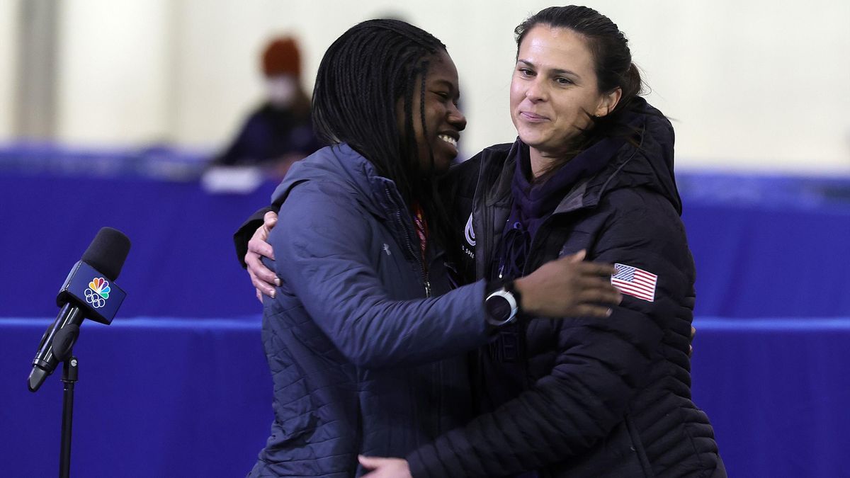 Erin Jackson and Brittany Bowe speak to the media during the 2022 U.S. Speedskating Long Track Olympic Trials at Pettit National Ice Center on January 09, 2022 in Milwaukee, Wisconsin.