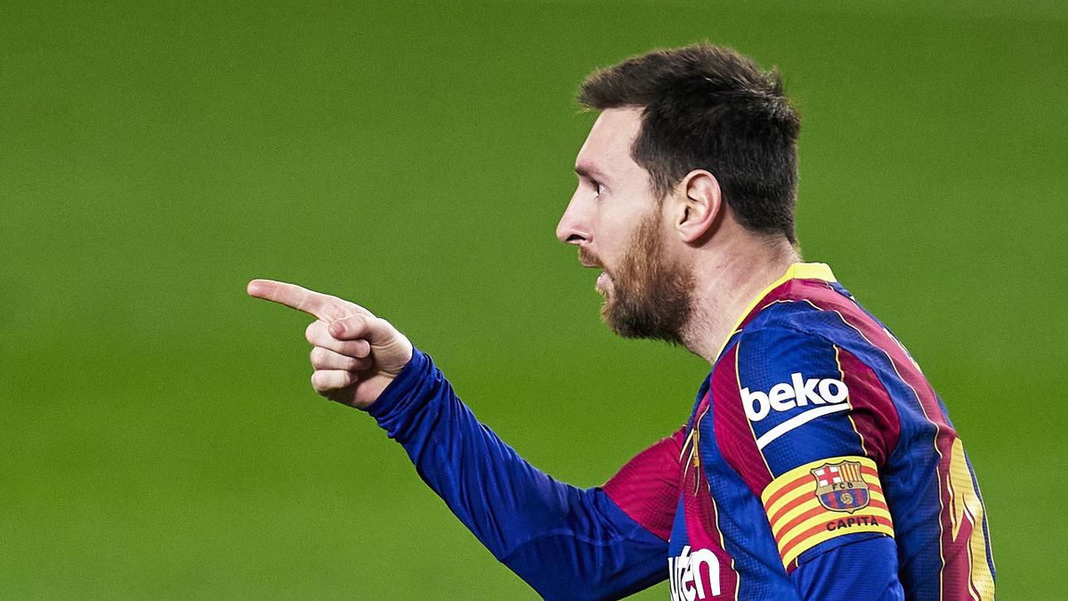 Lionel Messi of FC Barcelona celebrates after scoring his team's opening goal during the La Liga Santander match between FC Barcelona and Elche CF at Camp Nou on February 24, 2021