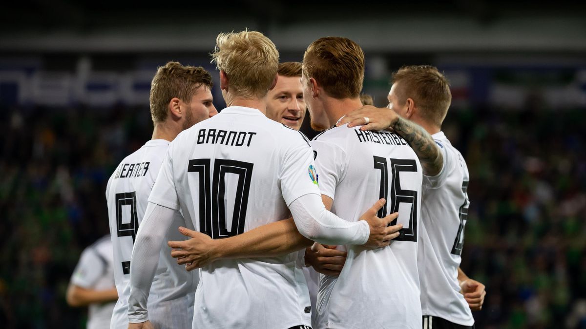 Marcel Halstenberg of Germany celebrates after scoring his team's first goal during the UEFA Euro 2020 qualifier match between Northern Ireland and Germany at Windsor Park on September 09, 2019 in Belfast
