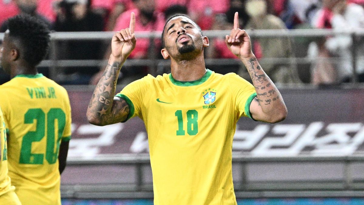 Brazil's Gabriel Jesus (C) celebrates after he scored a goal at Seoul World Cup Stadium in Seoul on June 2, 2022, during a friendly football match between South Korea and Brazil