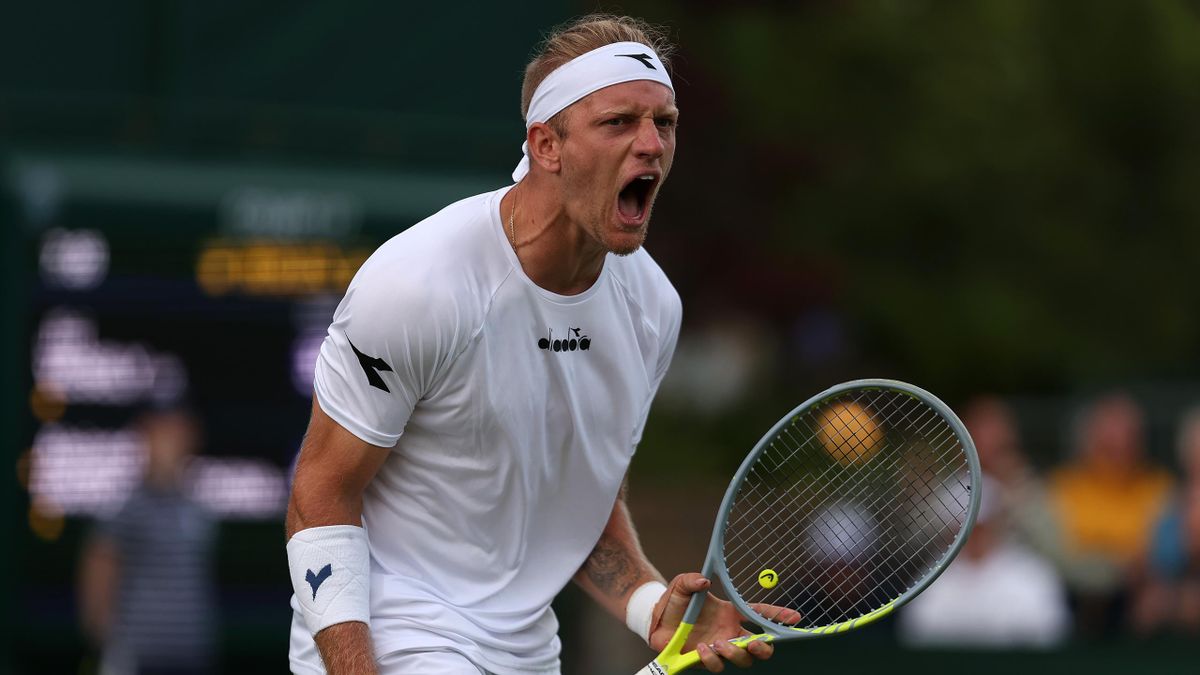 Alejandro Davidovich Fokina of Spain celebrates against Jiri Vesely of Czech Republic during their Men's Singles Second Round match on day three of The Championships Wimbledon 2022 at All England Lawn Tennis and Croquet Club on June 29, 2022.