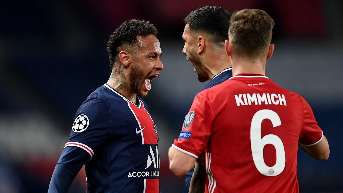 Neymar of Paris Saint-Germain and teammate Leandro Paredes celebrate their team's victory at full-time after the UEFA Champions League Quarter Final Second Leg match between Paris Saint-Germain and FC Bayern Munich at Parc des Princes on April 13, 2021